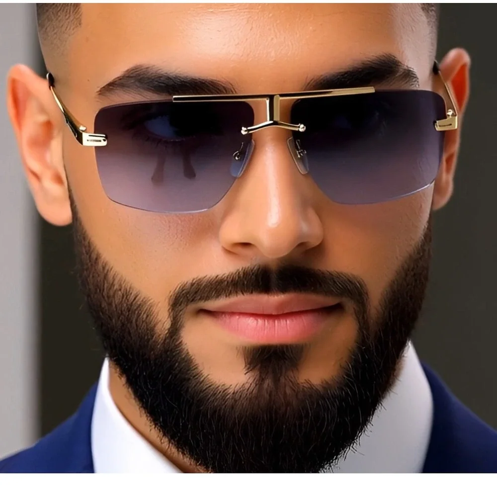 Rimless Sunglasses‎ Men Square Navy Blue Lens Gold Frame Fashion Shades Lentes